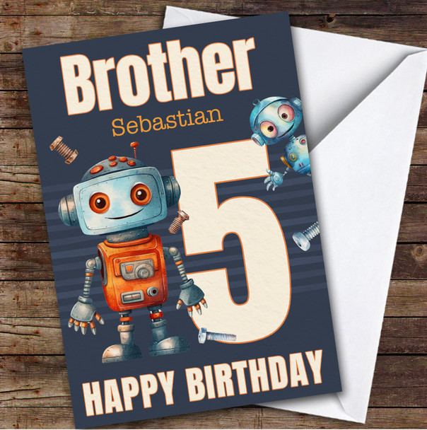 Brother 5th Watercolour Robots Boys Custom Personalized Birthday Card