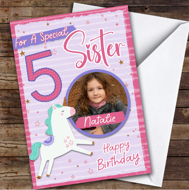 Sister 5th Pink Unicorn Photo Girls Custom Personalized Birthday Card