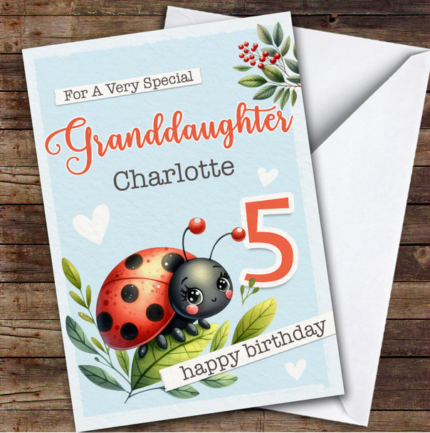 Granddaughter 5th Ladybug Ladybird Custom Personalized Birthday Card