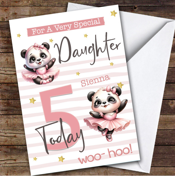 Daughter 5th Cute Panda Ballerina Custom Personalized Birthday Card