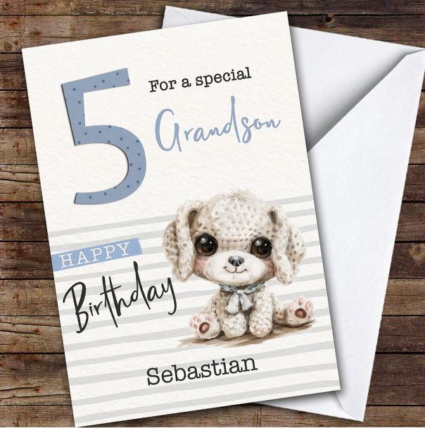 Grandson 5th Baby Dog Puppy Boys Custom Personalized Birthday Card