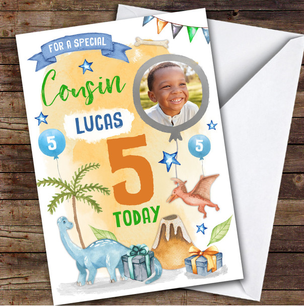 Dinosaur Gift Photo Cousin 5th Custom Personalized Birthday Card