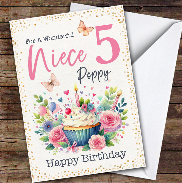Niece 5th Floral Cupcake Girls Custom Personalized Birthday Card