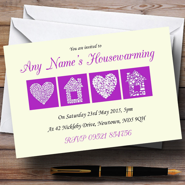 Pale Yellow And Purple Housewarming Party Personalized Invitations