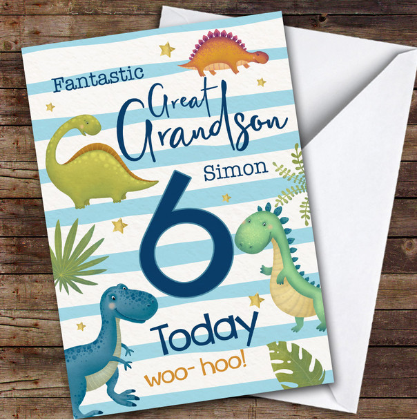 Great Grandson 6th Watercolour Dinosaurs Boys Custom Personalized Birthday Card