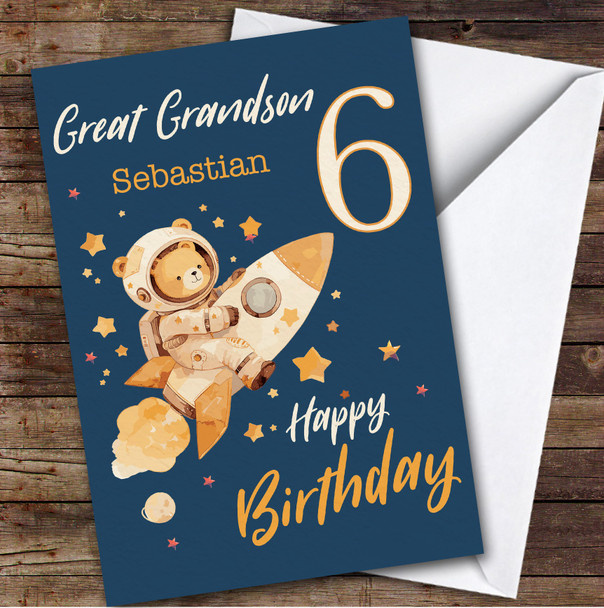 Great Grandson 6th Teddy Bear Astronaut Boys Custom Personalized Birthday Card