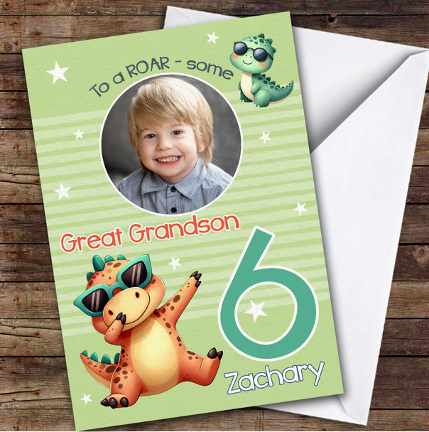 Great Grandson 6th Cool Dinosaur Photo Boys Custom Personalized Birthday Card