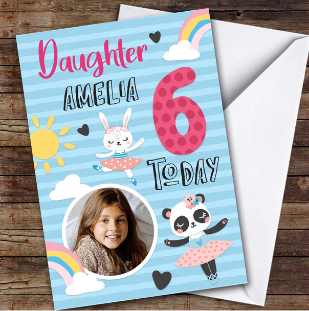 Dancing Animal Rainbow Photo Daughter 6th Custom Personalized Birthday Card