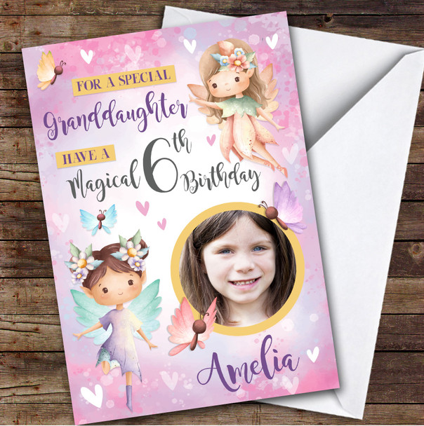 Fairy Girls Pink Purple Photo Granddaughter 6th Personalized Birthday Card