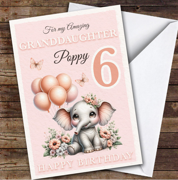 Granddaughter 6th Floral Baby Elephant Custom Personalized Birthday Card