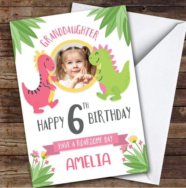 Dinosaur Pink Photo Granddaughter 6th Custom Personalized Birthday Card