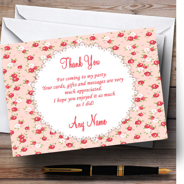 Red And Coral Pink Floral Shabby Chic Chintz Personalized Party Thank You Cards