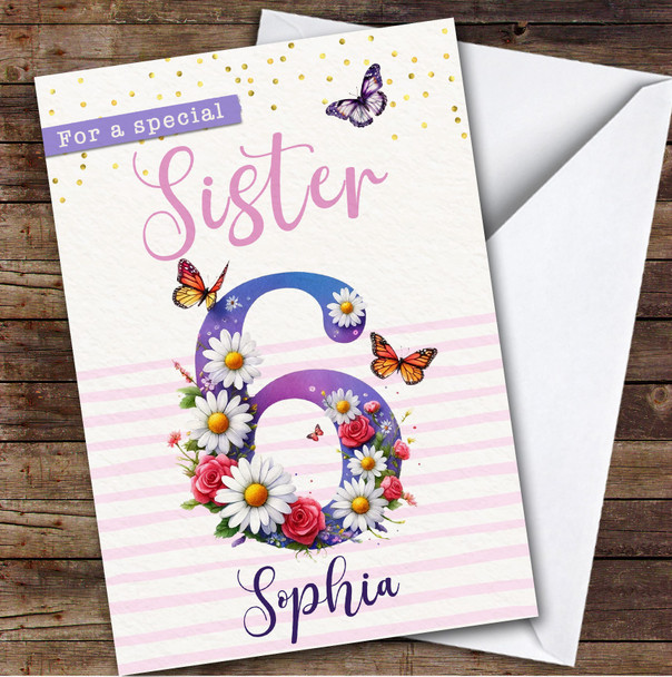6th Sister Purple Floral Butterflies Custom Personalized Birthday Card