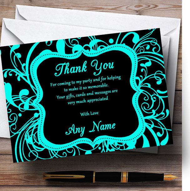 Black & Aqua Swirl Deco Personalized Birthday Party Thank You Cards