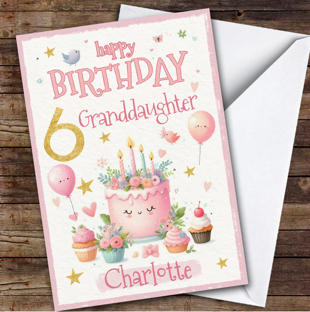 6th Granddaughter Pink Cake Custom Personalized Birthday Card