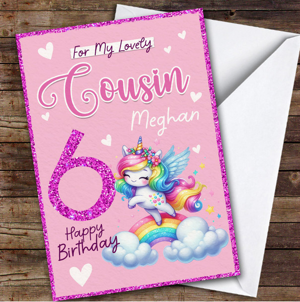 Cousin 6th Rainbow Unicorn Custom Personalized Birthday Card