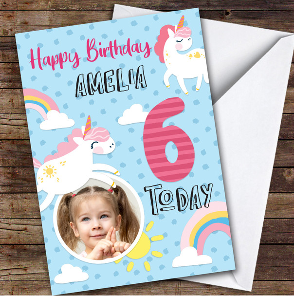 Unicorn Rainbow Photo 6th Custom Personalized Birthday Card