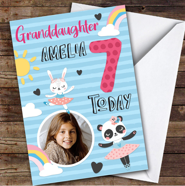 Dancing Animal Rainbow Photo Granddaughter 7th Custom Personalized Birthday Card