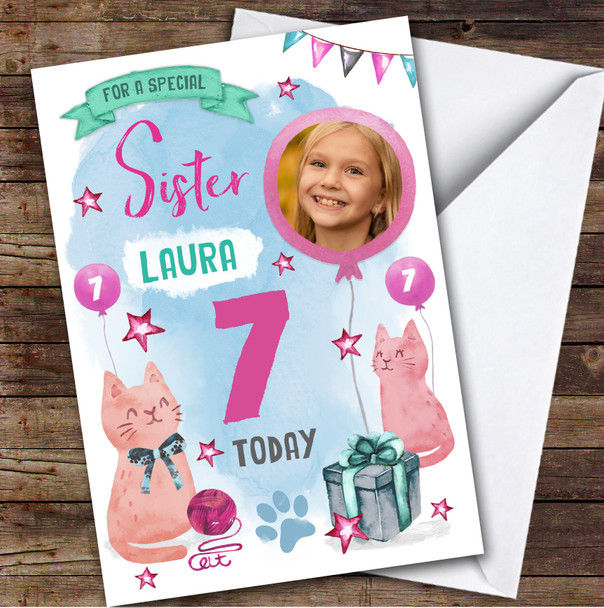 Cat Lover Kitty Kitten Animal Cute Photo Sister 7th Personalized Birthday Card