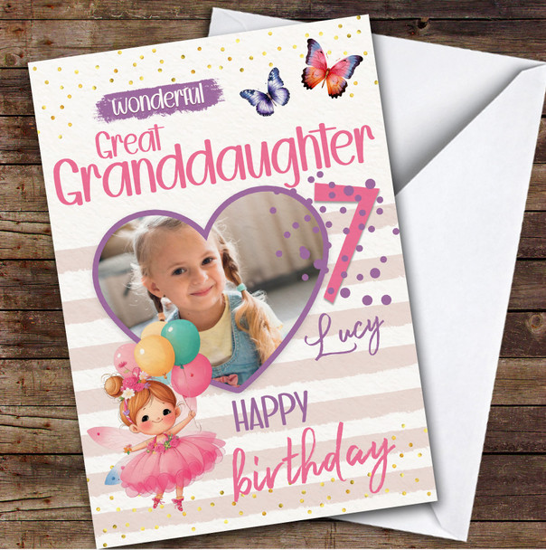 Great Granddaughter 7th Fairy Balloons Heart Photo Personalized Birthday Card