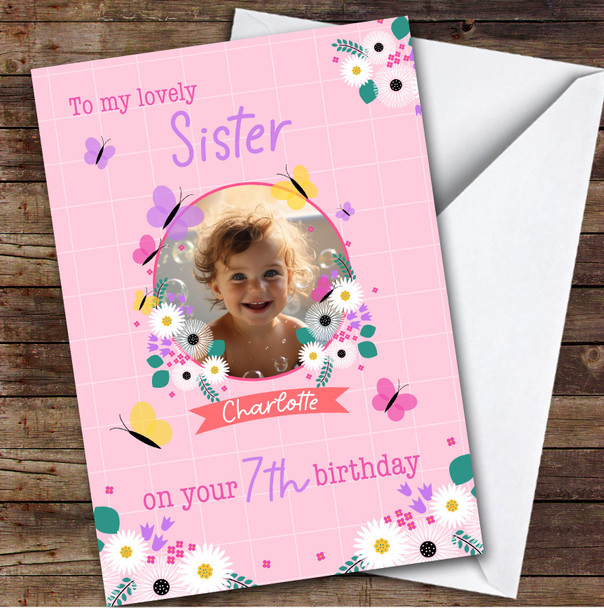 Sister 7th Pink Purple Floral Photo Girls Custom Personalized Birthday Card