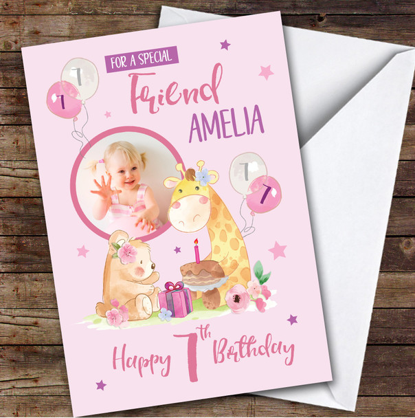Bear Giraffe Pink Cake Photo Friend 7th Custom Personalized Birthday Card