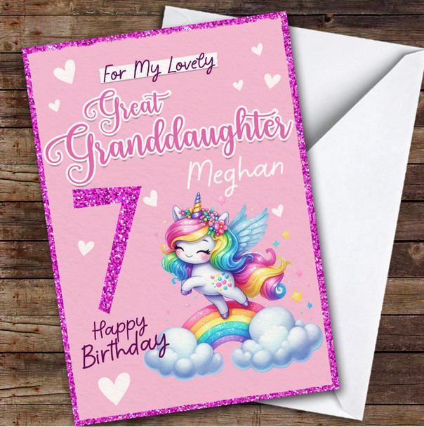 Great Granddaughter 7th Rainbow Unicorn Custom Personalized Birthday Card