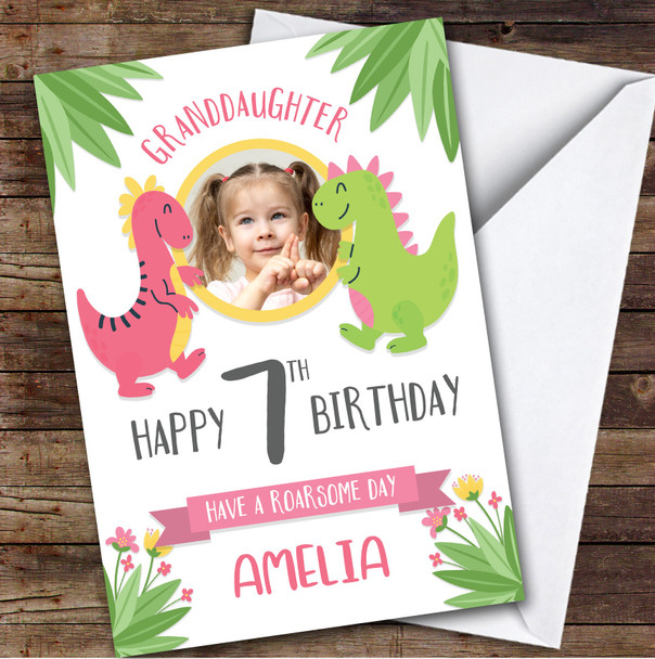 Dinosaur Pink Photo Granddaughter 7th Custom Personalized Birthday Card