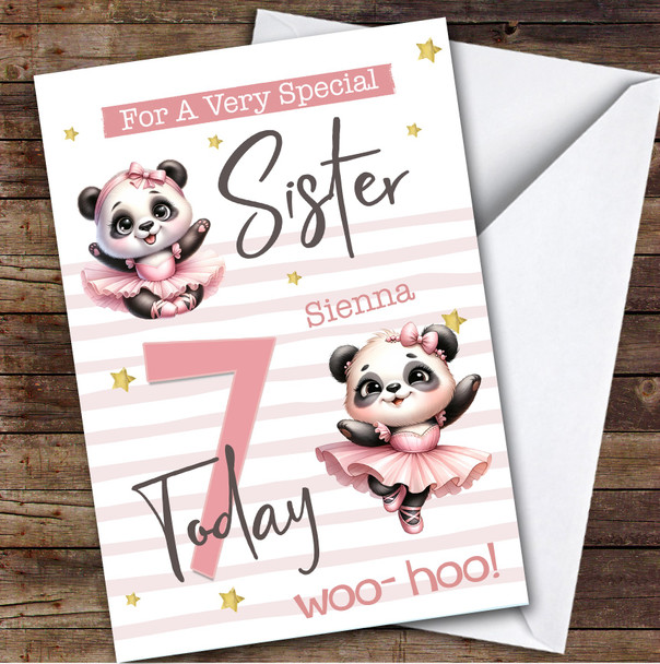 Sister 7th Cute Panda Ballerina Girls Custom Personalized Birthday Card