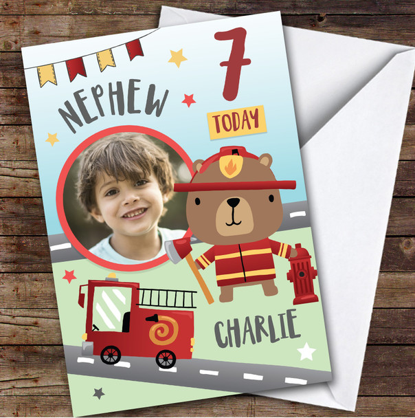 Fireman Bear Photo Nephew 7th Boys Custom Personalized Birthday Card