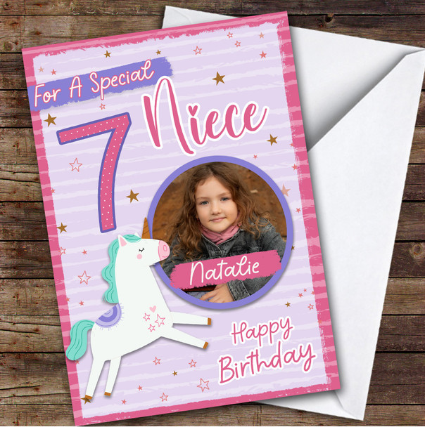 Niece 7th Pink Unicorn Photo Girls Custom Personalized Birthday Card