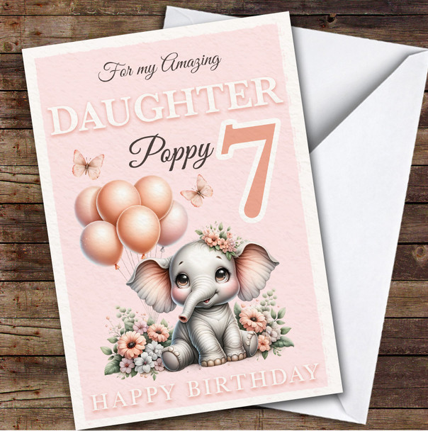 Daughter 7th Floral Baby Elephant Custom Personalized Birthday Card