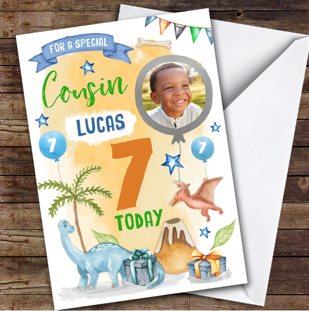 Dinosaur Gift Photo Cousin 7th Custom Personalized Birthday Card