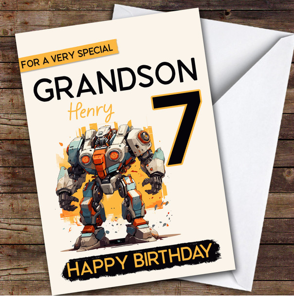 7th Grandson Super Robot Boys Custom Personalized Birthday Card