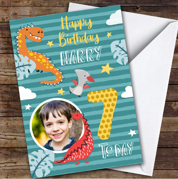 Dinosaur Clouds Photo 7th Custom Personalized Birthday Card