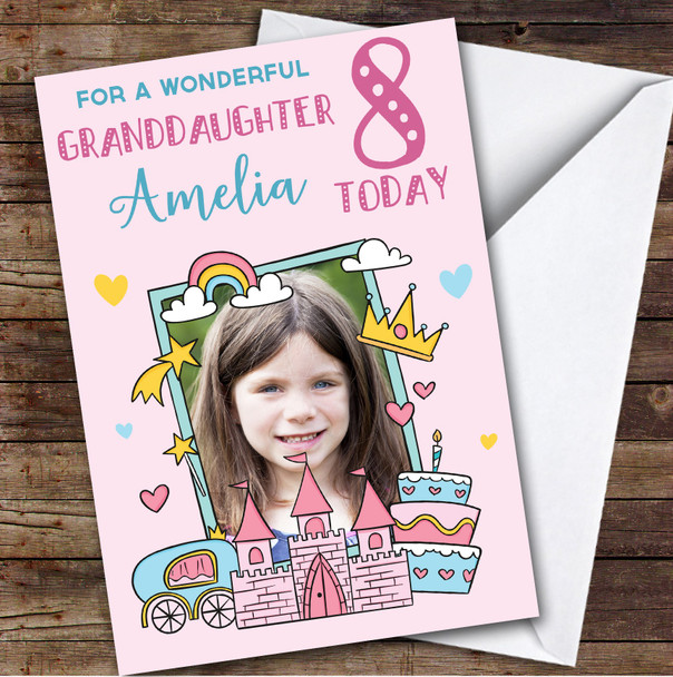 Princess Rainbow Pink Photo Granddaughter 8th Girls Personalized Birthday Card