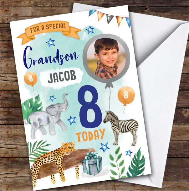 Animal Jungle Wild Photo Grandson 8th Boys Custom Personalized Birthday Card