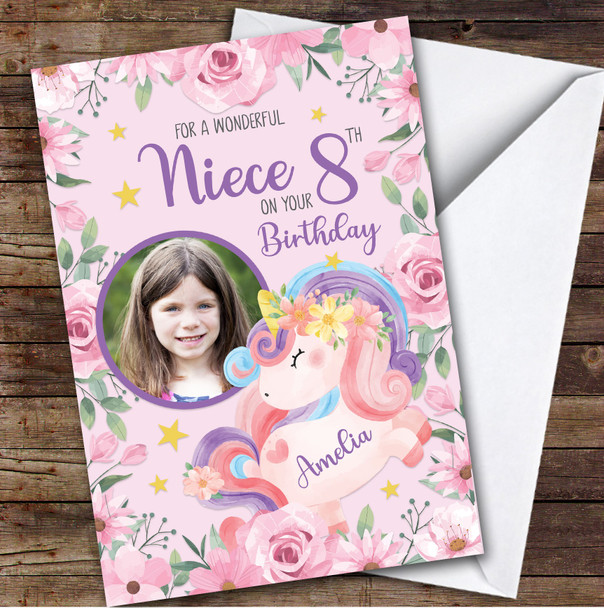 Unicorn Pink Flower Photo Niece 8th Girls Custom Personalized Birthday Card Unicorn Pink Flower Photo Niece 8th Girls Custom Personalized Birthday Card