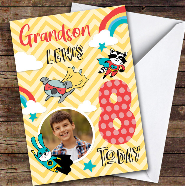 Superhero Comic Rainbow Photo Grandson 8th Boys Personalized Birthday Card