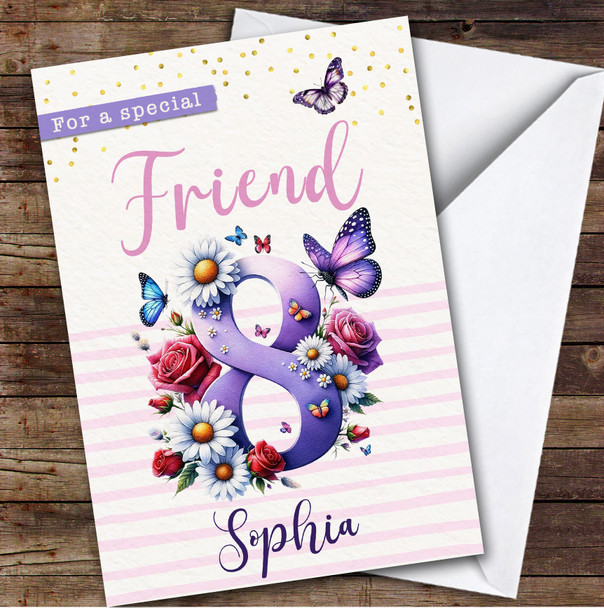 8th Friend Purple Floral Butterflies Custom Personalized Birthday Card