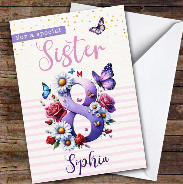 8th Sister Purple Floral Butterflies Custom Personalized Birthday Card