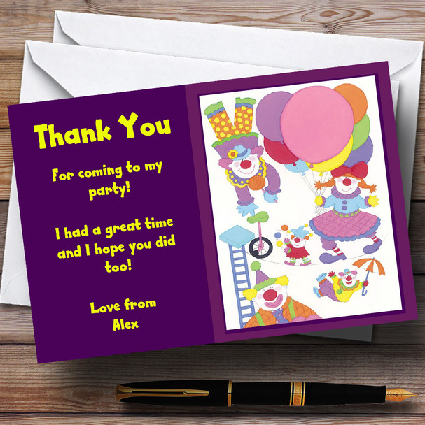 Purple Clowns Cute Children's Personalized Party Thank You Cards