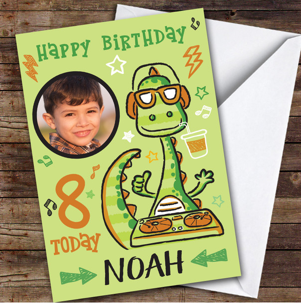 Dinosaur DJ Green Photo 8th Custom Personalized Birthday Card