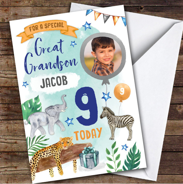 Animal Jungle Wild Photo Great Grandson 9th Boys Personalized Birthday Card