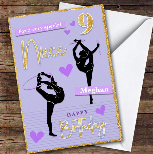 Niece 9th Purple Gymnast Gymnastics Girls Custom Personalized Birthday Card