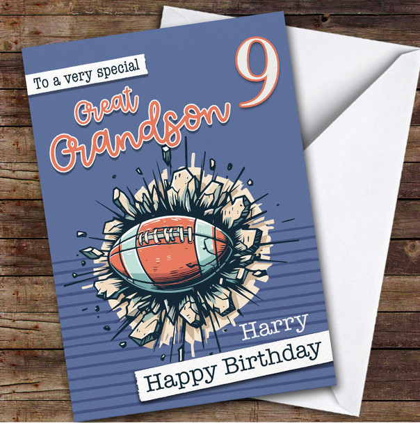 9th Great Grandson Rugby Ball Boys Custom Personalized Birthday Card