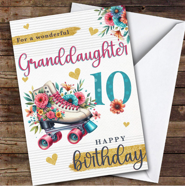 Granddaughter 10th Floral Roller Skate Skating Custom Personalized Birthday Card