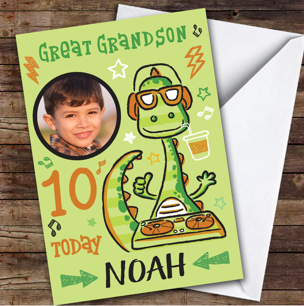 Dinosaur DJ Green Photo Great Grandson 10th Boys Personalized Birthday Card