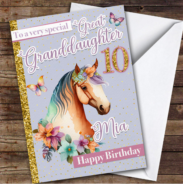 Great Granddaughter 10th Floral Horse Riding Fan Personalized Birthday Card