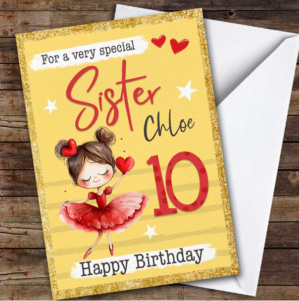 Sister Yellow 10th Ballet Dancer Ballerina Girls Personalized Birthday Card